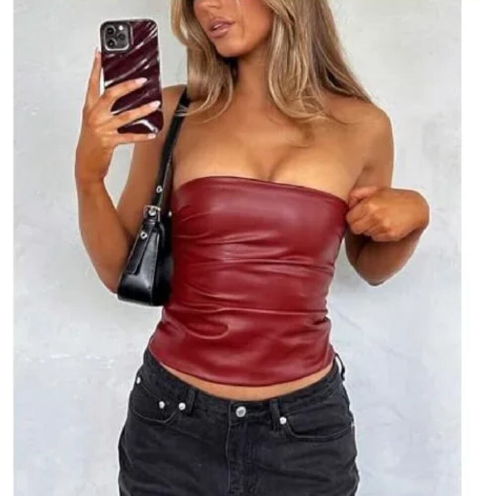 White Fox Well Behaved bustier vegan leather tube top gathered burgundy XS - Picture 1 of 10